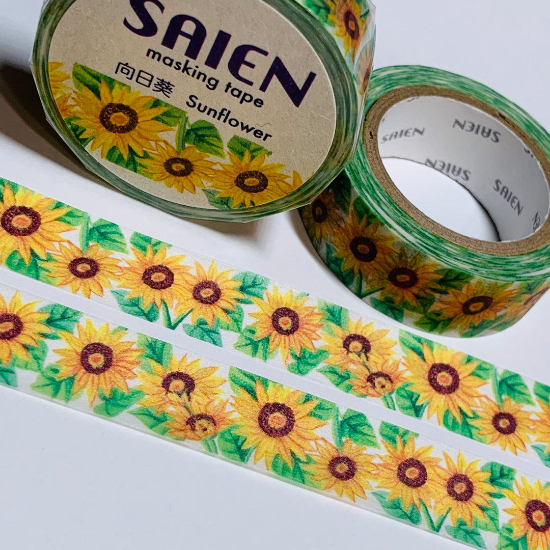 SUNFLOWER GARDEN FLORAL Saien Masking Washi Tape ~ 1 Roll ~ 15mm x 10m (33 Feet)