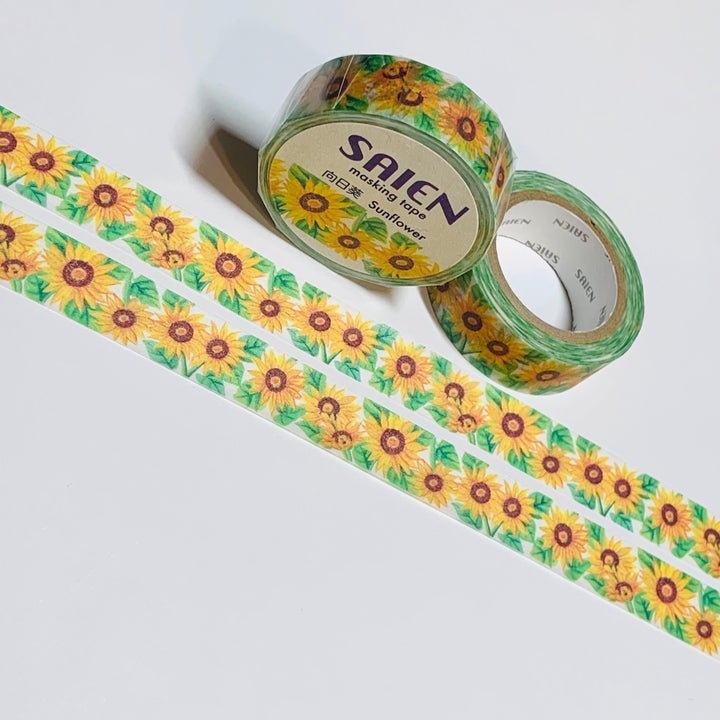 SUNFLOWER GARDEN FLORAL Saien Masking Washi Tape ~ 1 Roll ~ 15mm x 10m (33 Feet)