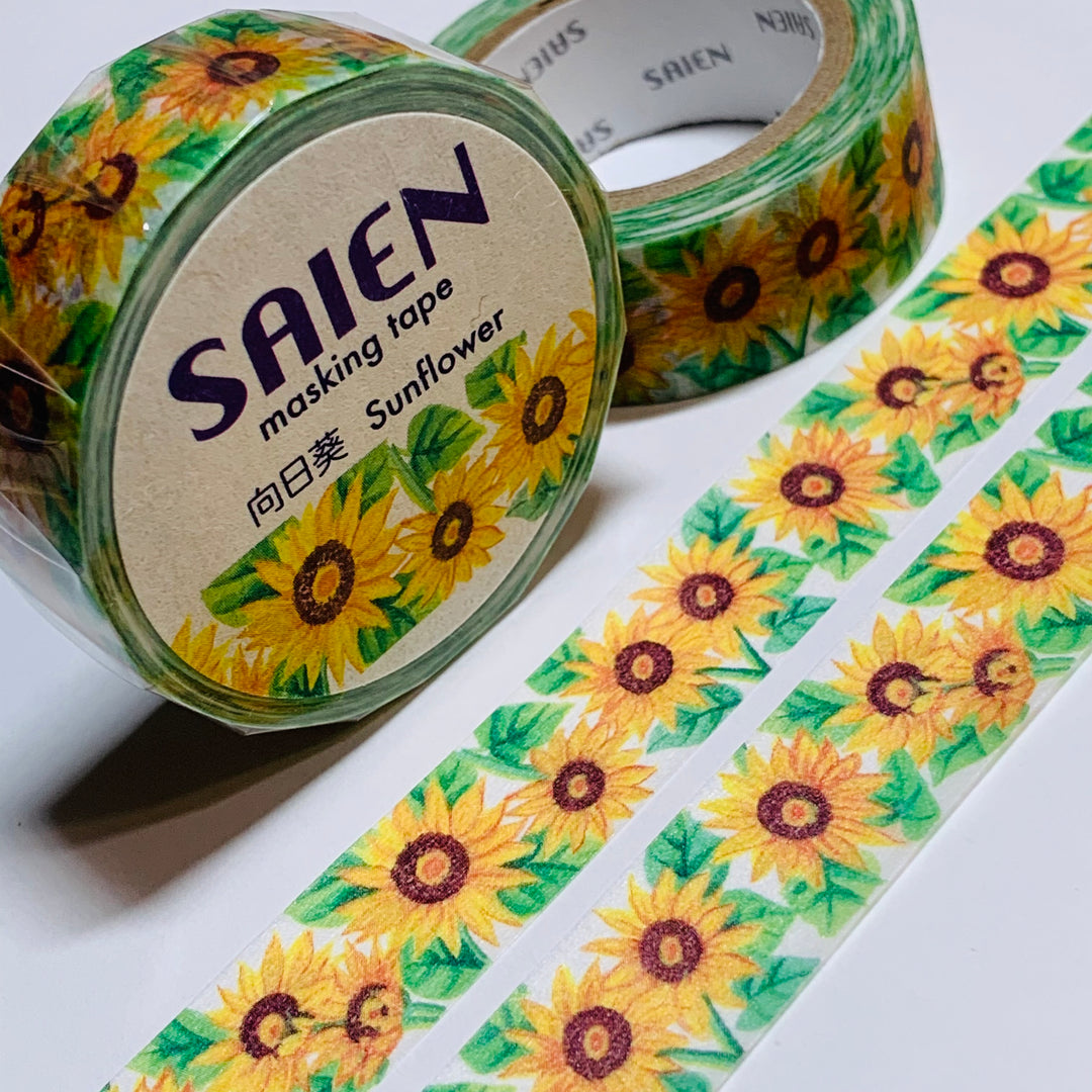 SUNFLOWER GARDEN FLORAL Saien Masking Washi Tape ~ 1 Roll ~ 15mm x 10m (33 Feet)