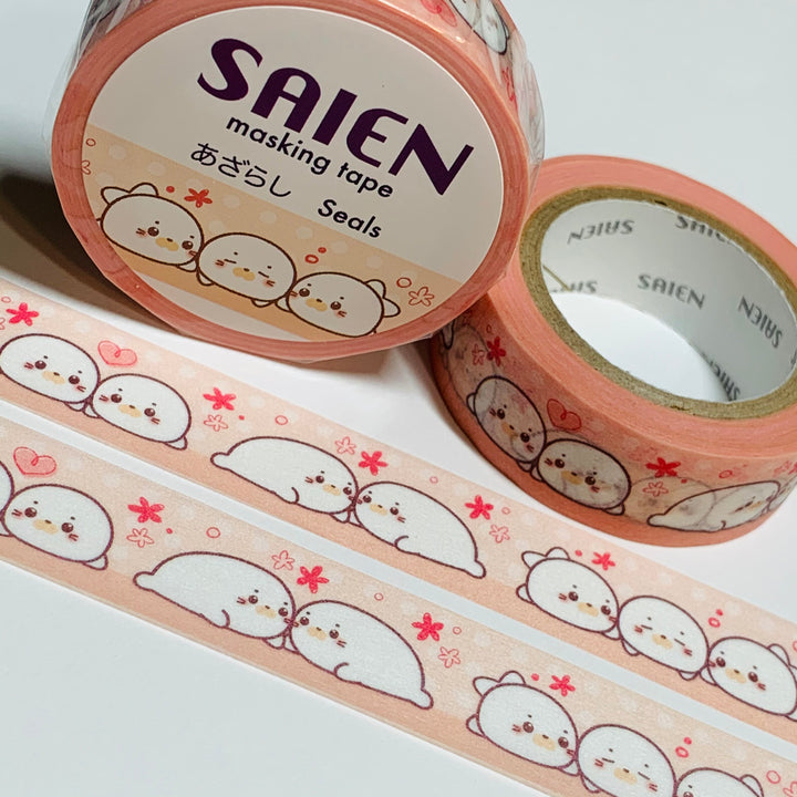 KISSING BABY SEALS Saien Masking Washi Tape ~ 1 Roll ~ 15mm x 10m (33 Feet)