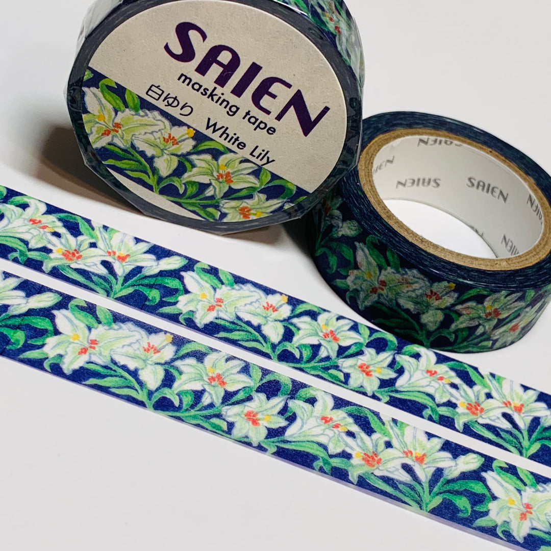 WHITE LILIES EASTER Flowers Saien Masking Washi Tape ~ 1 Roll ~ 15mm x 10m (33 Feet)