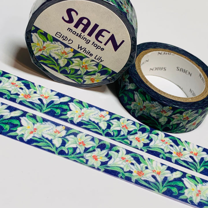 WHITE LILIES EASTER Flowers Saien Masking Washi Tape ~ 1 Roll ~ 15mm x 10m (33 Feet)