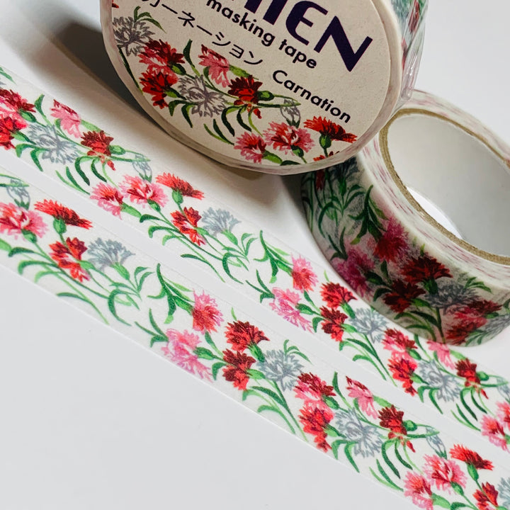 RED WHITE PINK Carnations Floral Saien Masking Washi Tape ~ 1 Roll ~ 15mm x 10m (33 Feet)