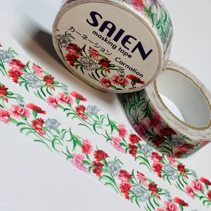 RED WHITE PINK Carnations Floral Saien Masking Washi Tape ~ 1 Roll ~ 15mm x 10m (33 Feet)