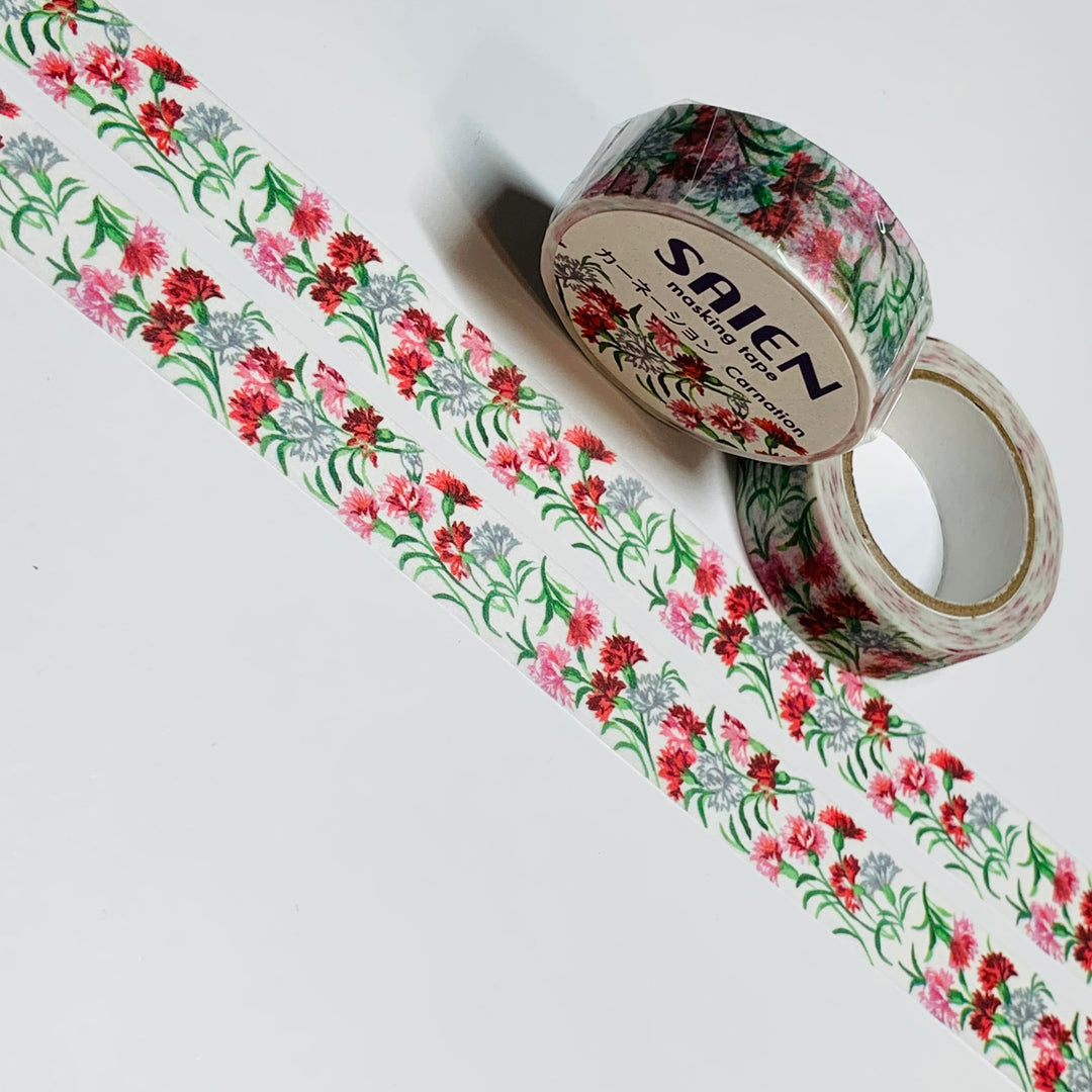 RED WHITE PINK Carnations Floral Saien Masking Washi Tape ~ 1 Roll ~ 15mm x 10m (33 Feet)