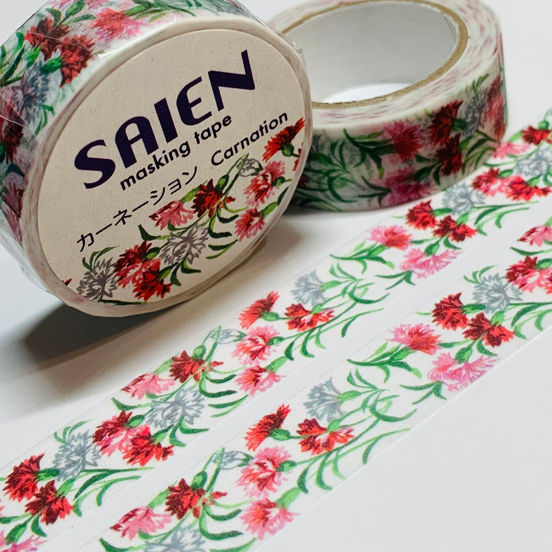 RED WHITE PINK Carnations Floral Saien Masking Washi Tape ~ 1 Roll ~ 15mm x 10m (33 Feet)