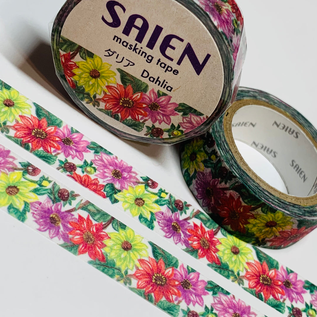 DAHLIAS In MANY COLORS Saien Masking Washi Tape ~ 1 Roll ~ 15mm x 10m (33 Feet)