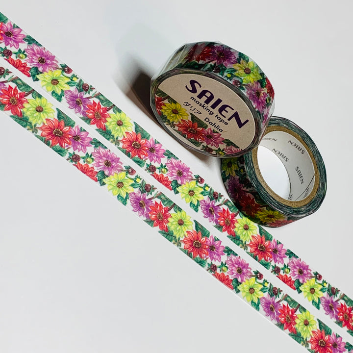 DAHLIAS In MANY COLORS Saien Masking Washi Tape ~ 1 Roll ~ 15mm x 10m (33 Feet)