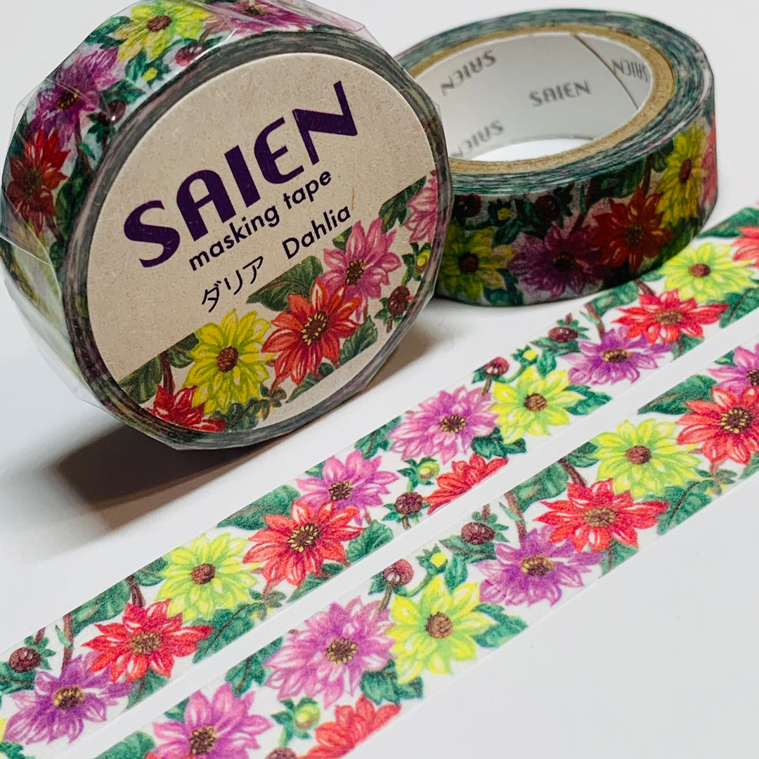 DAHLIAS In MANY COLORS Saien Masking Washi Tape ~ 1 Roll ~ 15mm x 10m (33 Feet)