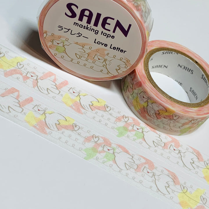 HAPPY MAIL LOVE Birds Saien Masking Washi Tape ~ 1 Roll ~ 15mm x 10m (33 Feet)