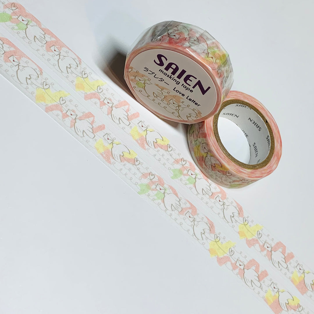 HAPPY MAIL LOVE Birds Saien Masking Washi Tape ~ 1 Roll ~ 15mm x 10m (33 Feet)