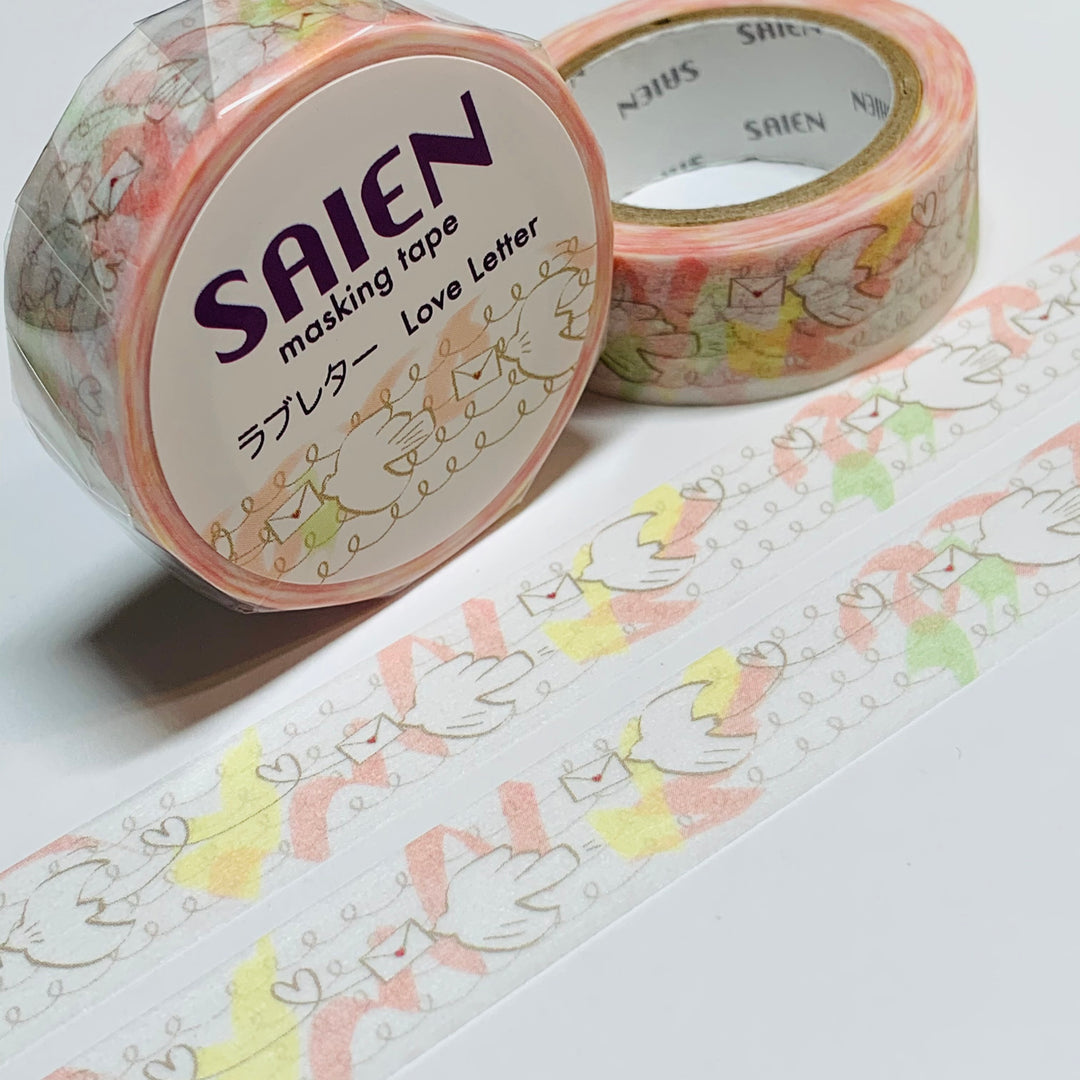 HAPPY MAIL LOVE Birds Saien Masking Washi Tape ~ 1 Roll ~ 15mm x 10m (33 Feet)