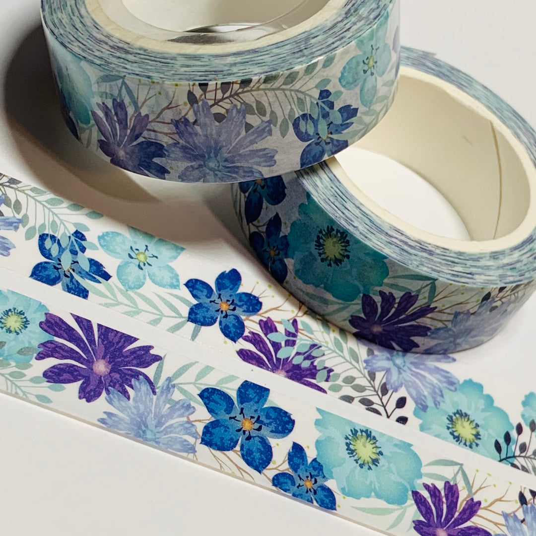 BRIGHT BLUE FLOWERS With a Pearl Finish Quality Washi Tape ~ 1 Roll ~ 15mm x 10m (33 Feet)