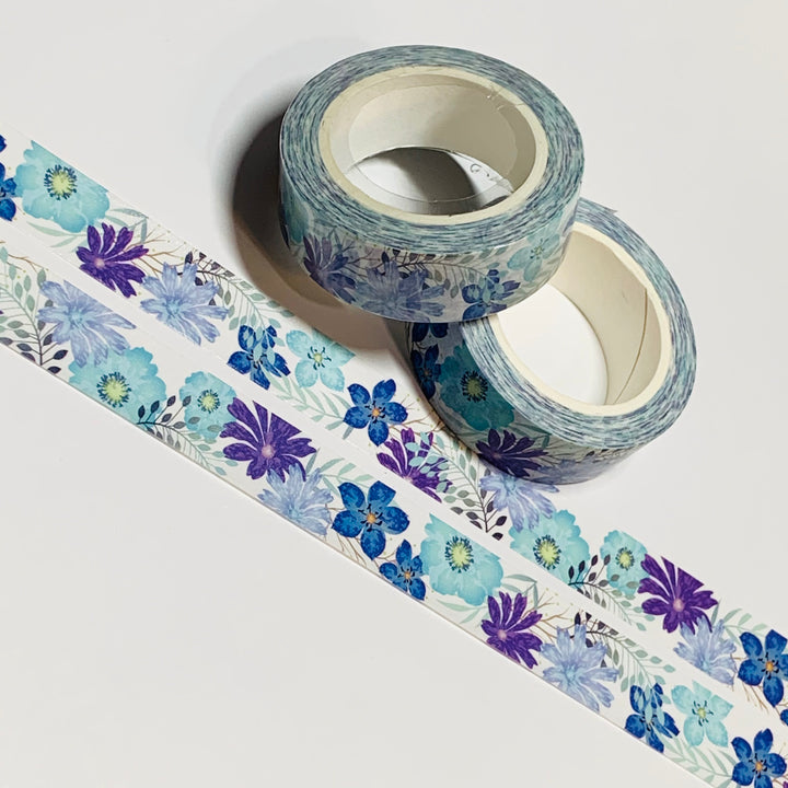 BRIGHT BLUE FLOWERS With a Pearl Finish Quality Washi Tape ~ 1 Roll ~ 15mm x 10m (33 Feet)