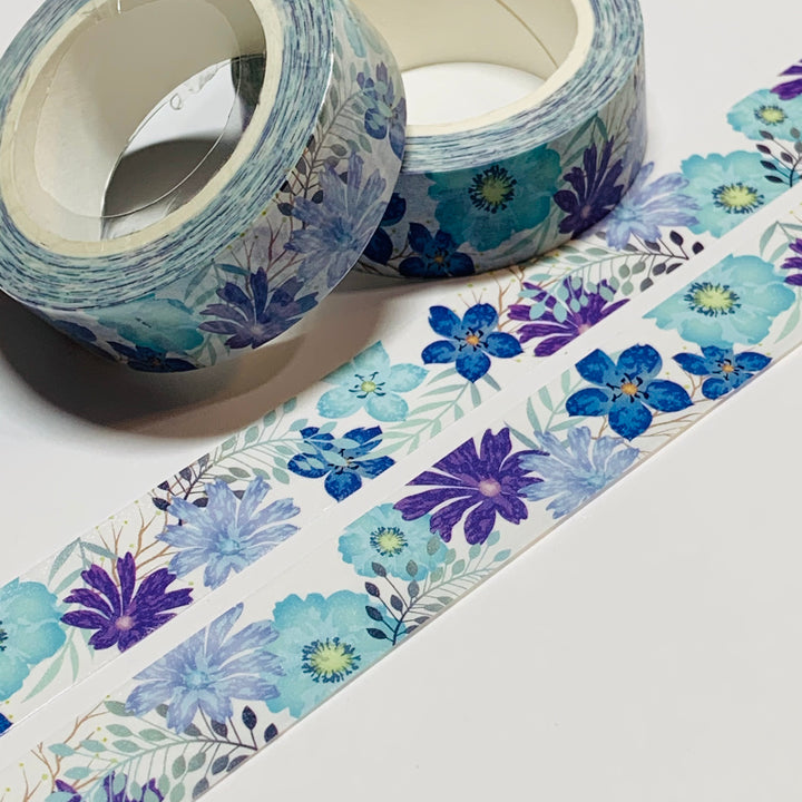 BRIGHT BLUE FLOWERS With a Pearl Finish Quality Washi Tape ~ 1 Roll ~ 15mm x 10m (33 Feet)