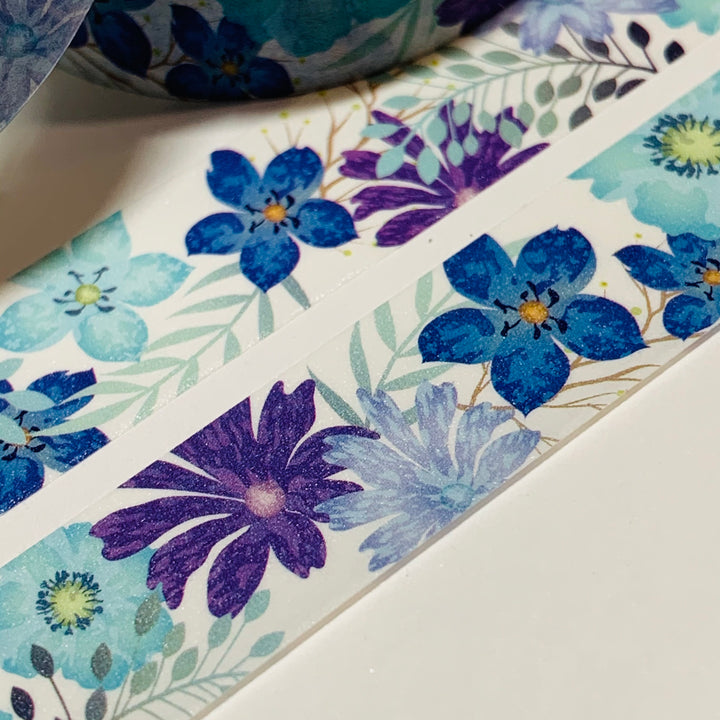 BRIGHT BLUE FLOWERS With a Pearl Finish Quality Washi Tape ~ 1 Roll ~ 15mm x 10m (33 Feet)