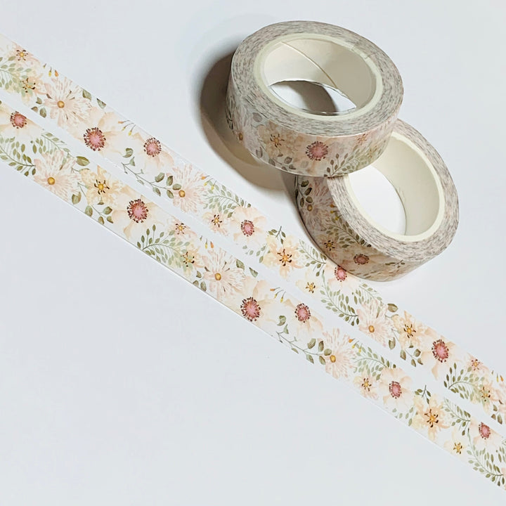 CRISP CLEAN WHITE Flowers With a Pearl Finish Quality Washi Tape ~ 1 Roll ~ 15mm x 10m (33 Feet)