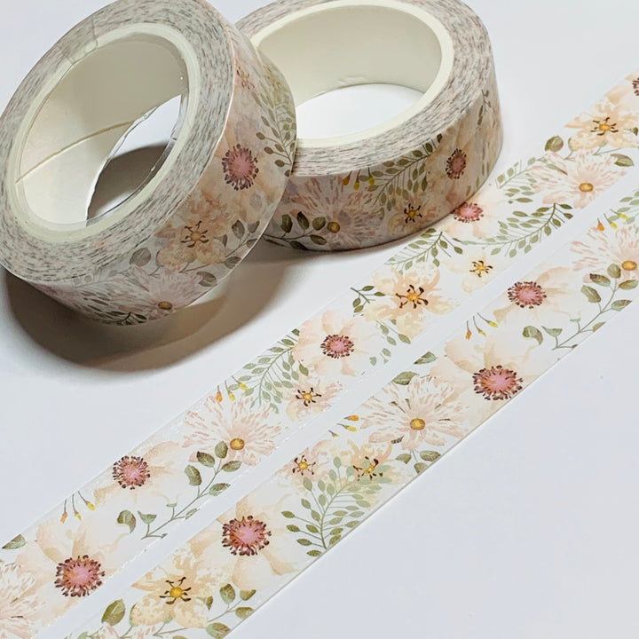 CRISP CLEAN WHITE Flowers With a Pearl Finish Quality Washi Tape ~ 1 Roll ~ 15mm x 10m (33 Feet)