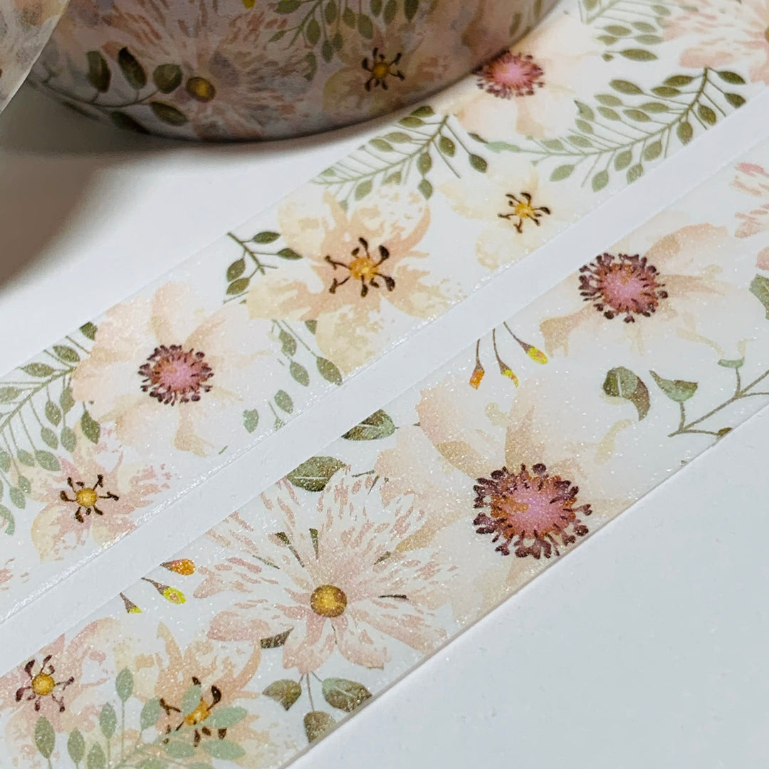 CRISP CLEAN WHITE Flowers With a Pearl Finish Quality Washi Tape ~ 1 Roll ~ 15mm x 10m (33 Feet)