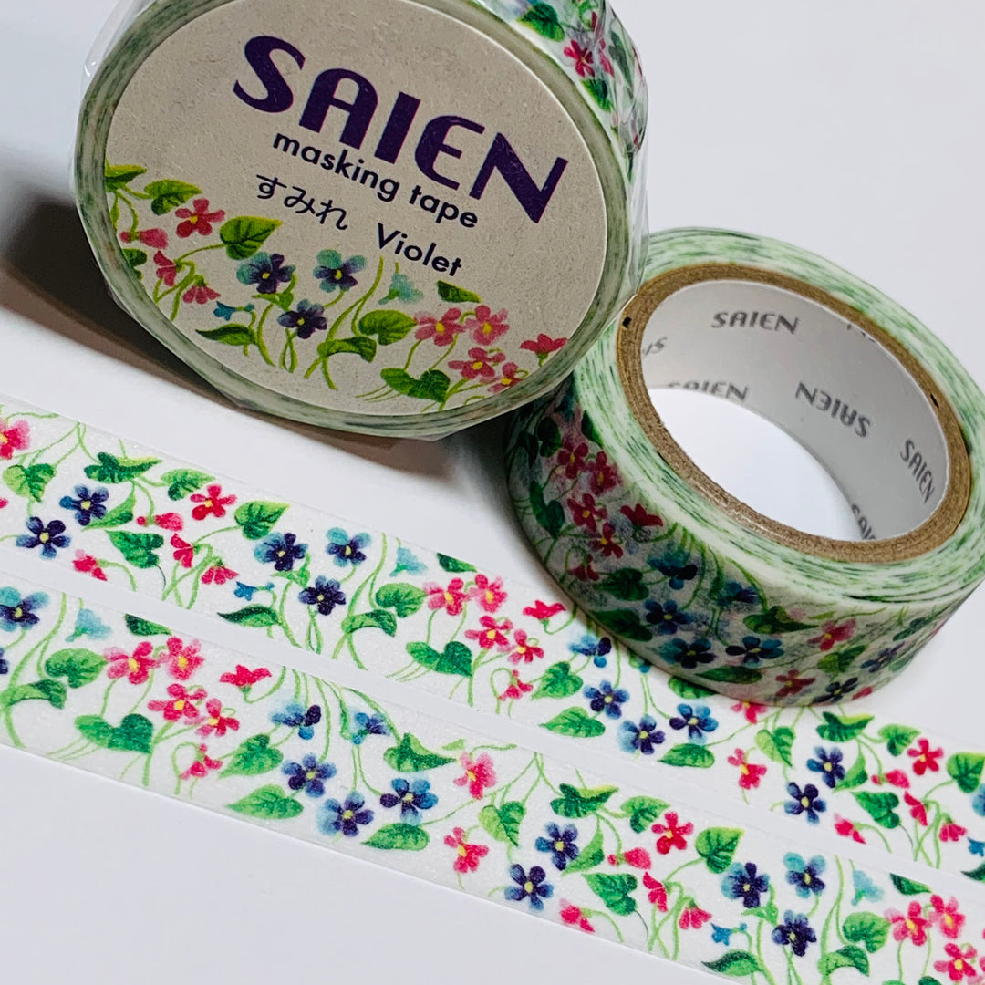 BLUE And PINK VIOLETS Floral Saien Masking Washi Tape ~ 1 Roll ~ 15mm x 10m (33 Feet)