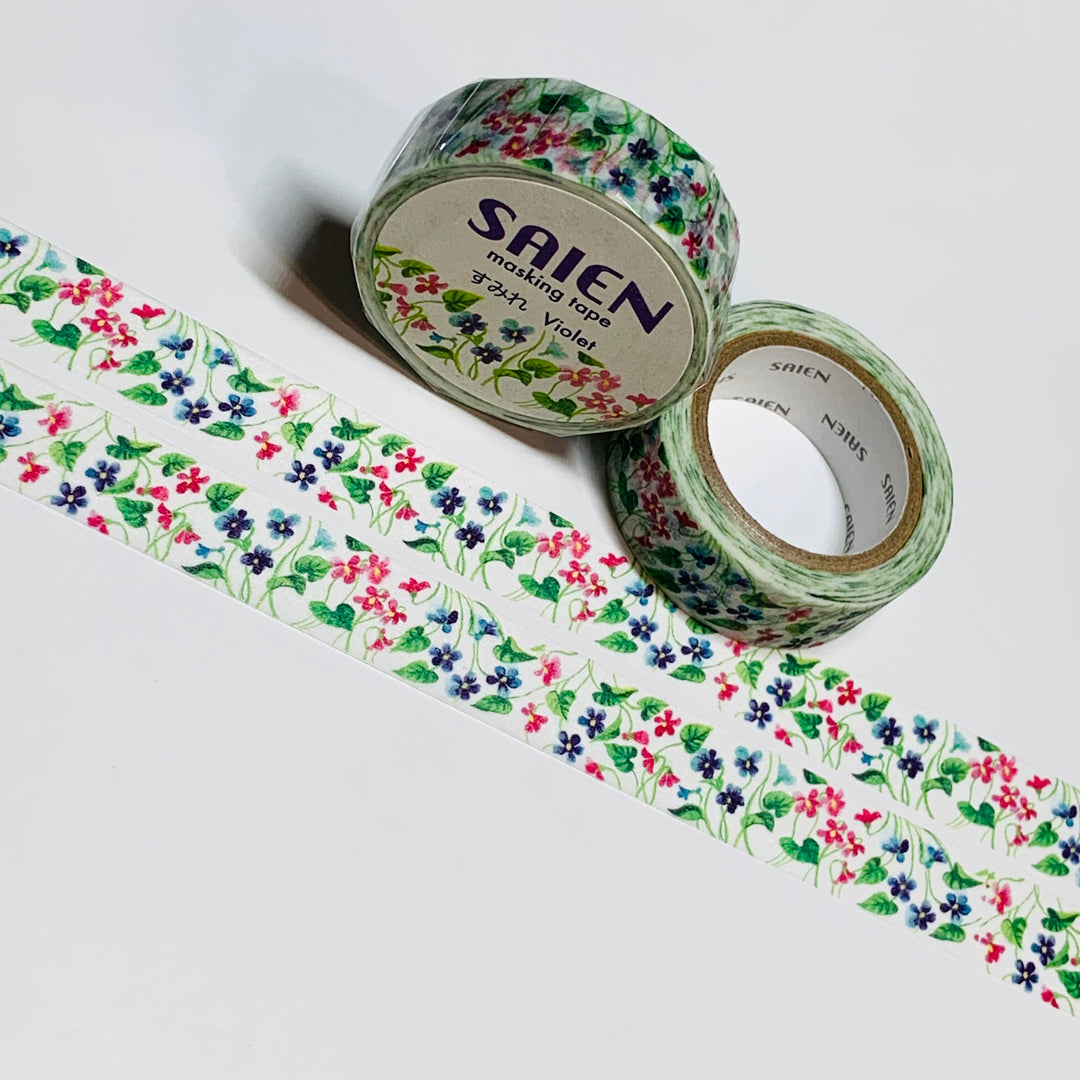 BLUE And PINK VIOLETS Floral Saien Masking Washi Tape ~ 1 Roll ~ 15mm x 10m (33 Feet)