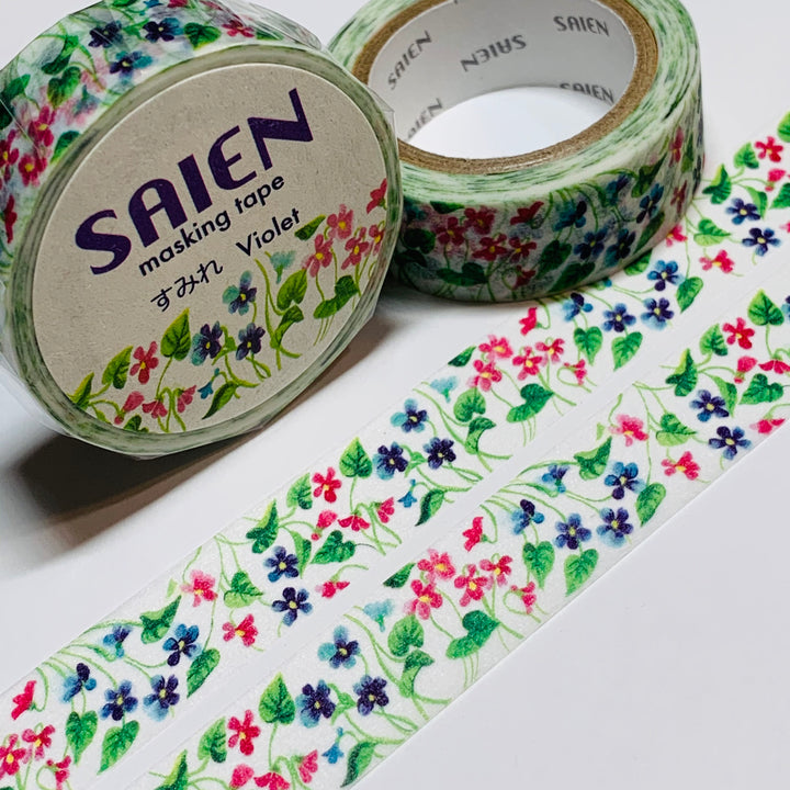 BLUE And PINK VIOLETS Floral Saien Masking Washi Tape ~ 1 Roll ~ 15mm x 10m (33 Feet)