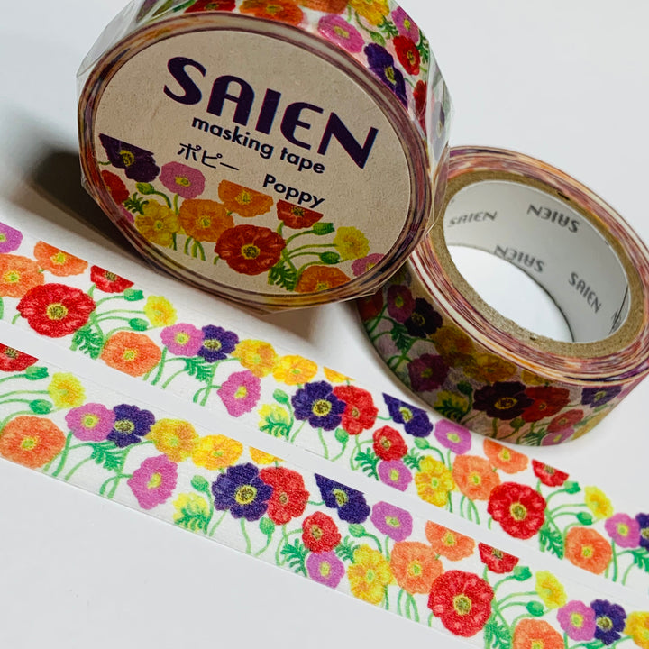 RAINBOW POPPIES FLORAL Garden Saien Masking Washi Tape ~ 1 Roll ~ 15mm x 10m (33 Feet)