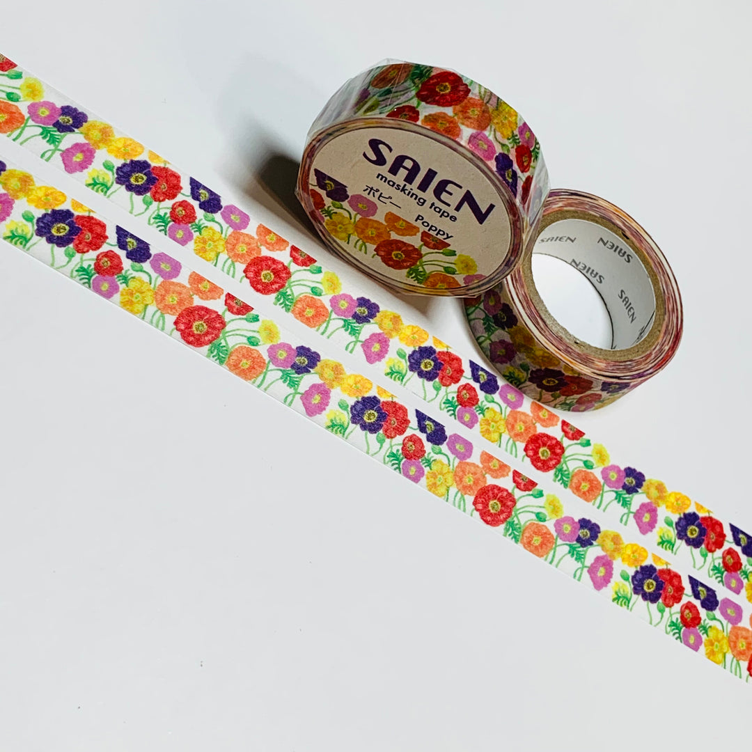 RAINBOW POPPIES FLORAL Garden Saien Masking Washi Tape ~ 1 Roll ~ 15mm x 10m (33 Feet)