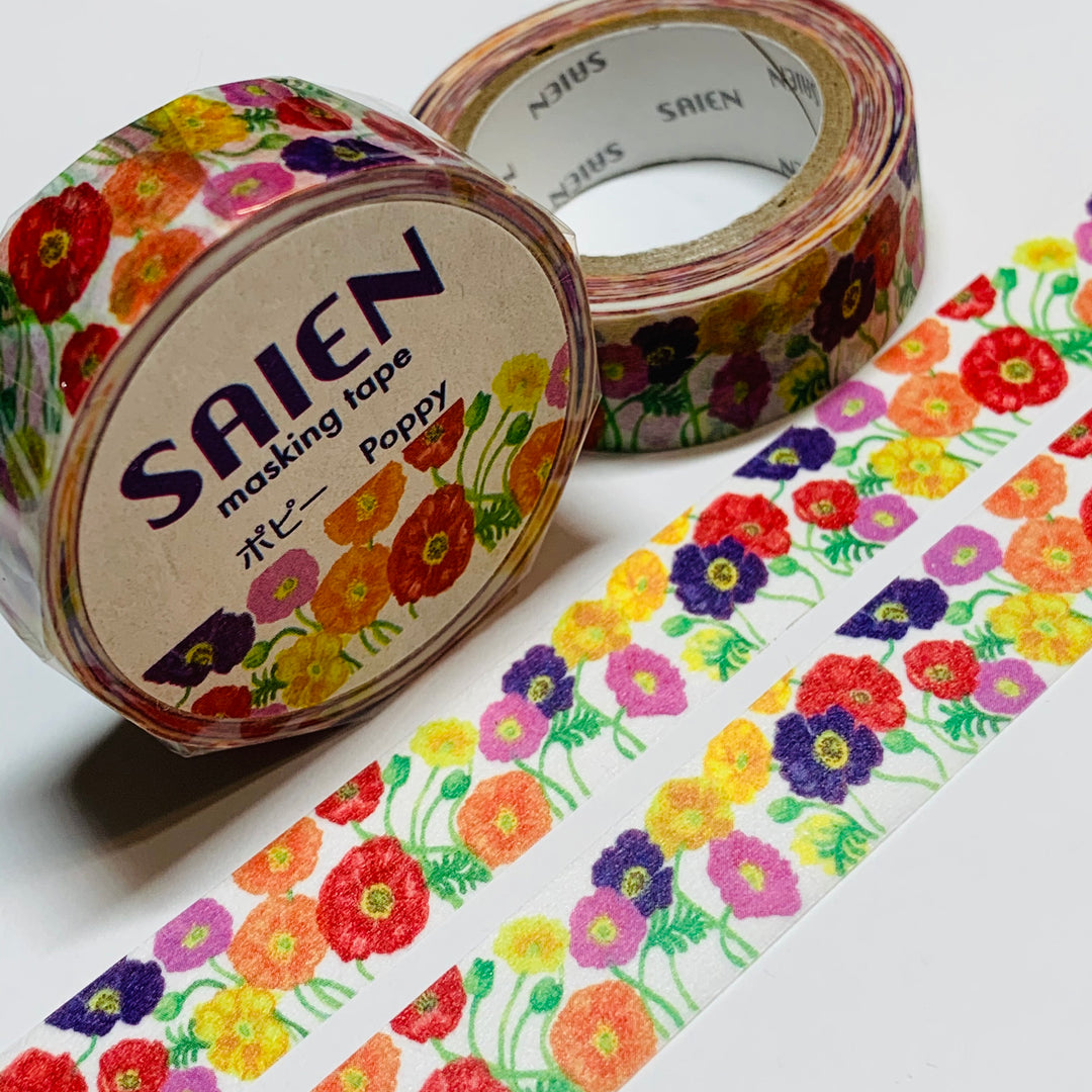 RAINBOW POPPIES FLORAL Garden Saien Masking Washi Tape ~ 1 Roll ~ 15mm x 10m (33 Feet)