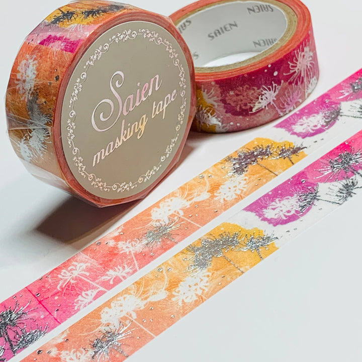 CLUSTER AMARYLLIS SILVER Foil Floral Saien Masking Washi Tape ~ 1 Roll ~ 15mm x 7m (23 Feet)