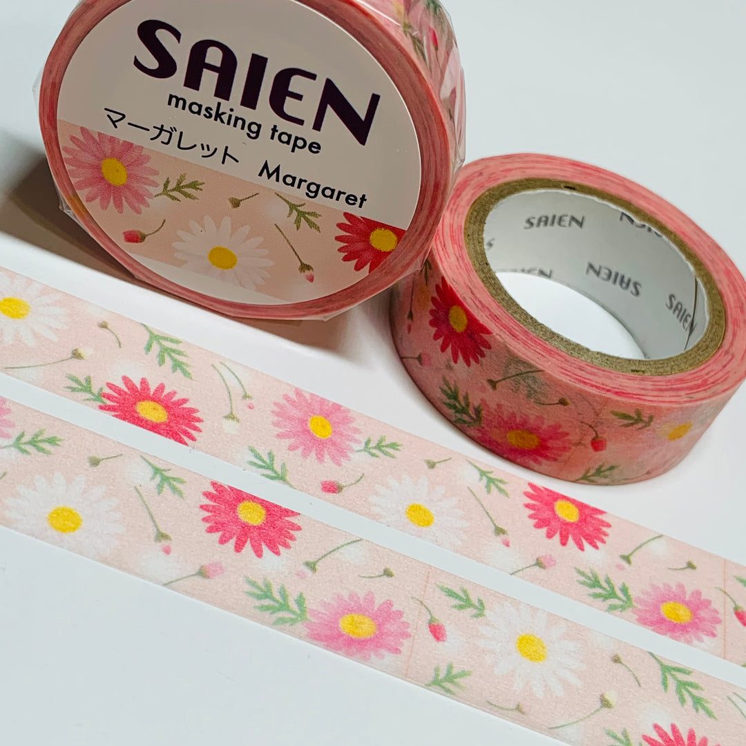 MARGUERITE PINK And WHITE Daisies Saien Masking Washi Tape ~ 1 Roll ~ 15mm x 10m (33 Feet)