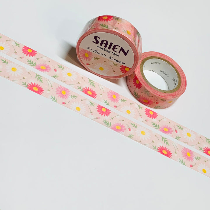 MARGUERITE PINK And WHITE Daisies Saien Masking Washi Tape ~ 1 Roll ~ 15mm x 10m (33 Feet)