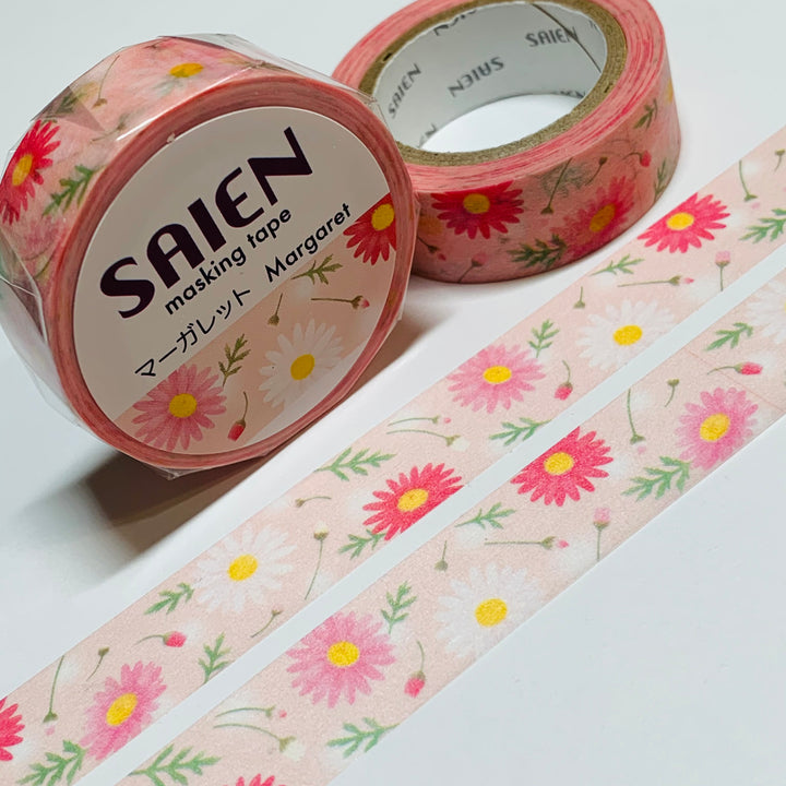 MARGUERITE PINK And WHITE Daisies Saien Masking Washi Tape ~ 1 Roll ~ 15mm x 10m (33 Feet)