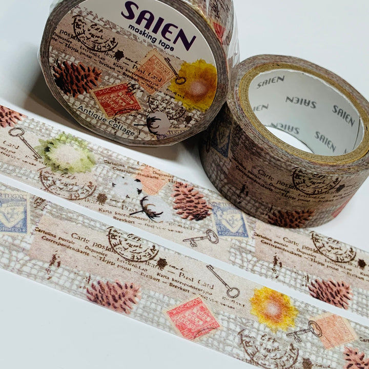 ANTIQUE COLLAGE FODDER Saien Masking Washi Tape ~ 1 Roll ~ 20mm x 7m (23 Feet)