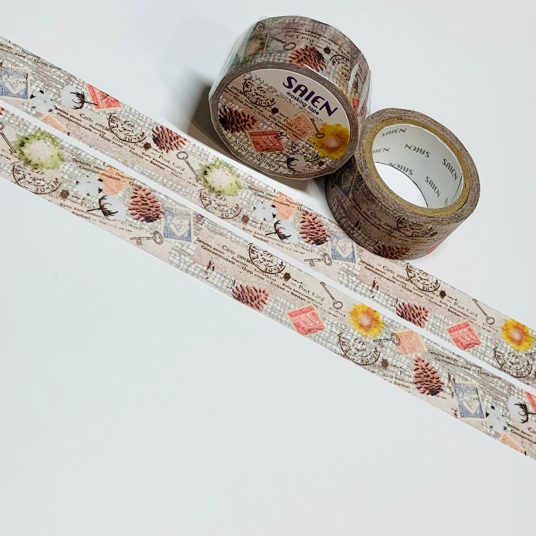 ANTIQUE COLLAGE FODDER Saien Masking Washi Tape ~ 1 Roll ~ 20mm x 7m (23 Feet)