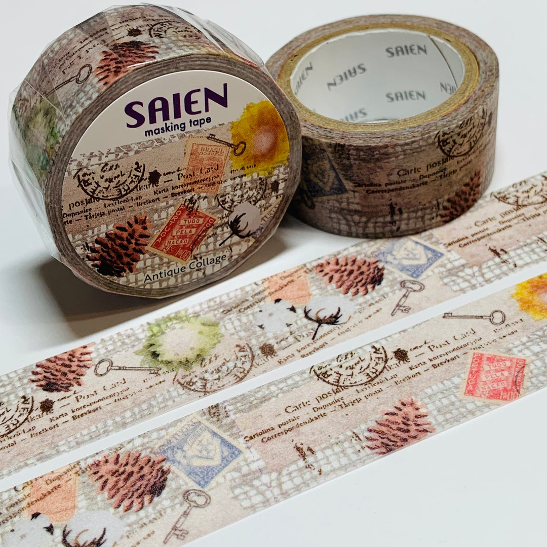 ANTIQUE COLLAGE FODDER Saien Masking Washi Tape ~ 1 Roll ~ 20mm x 7m (23 Feet)