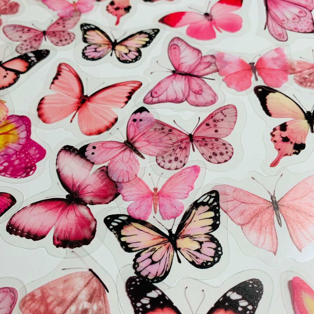 PINK BUTTERFLY NATURE Series Transparent Peelable Stickers ~ 40 Stickers - 40 to 50mm In Size