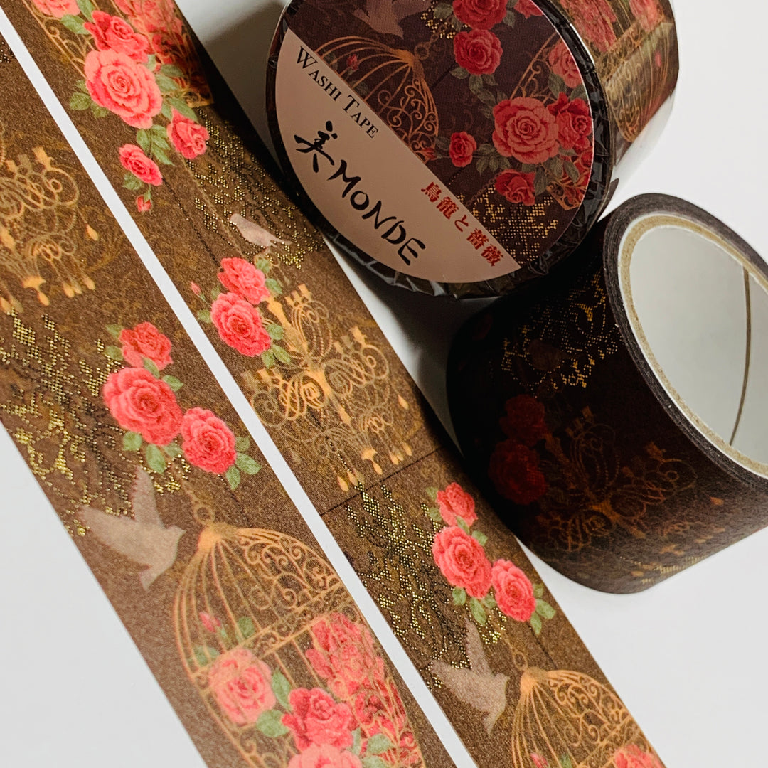 KIMONO MONDE BIRD CAGE And ROSES Gold Foil Saien Washi Tape ~ 1 Roll ~ 25mm x 5m (16 Feet)