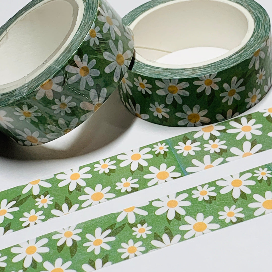 SPRING GREEN HAPPY DAISIES FLORAL Washi Tape ~ 1 Roll ~ 15mm x 10m (33 Feet)