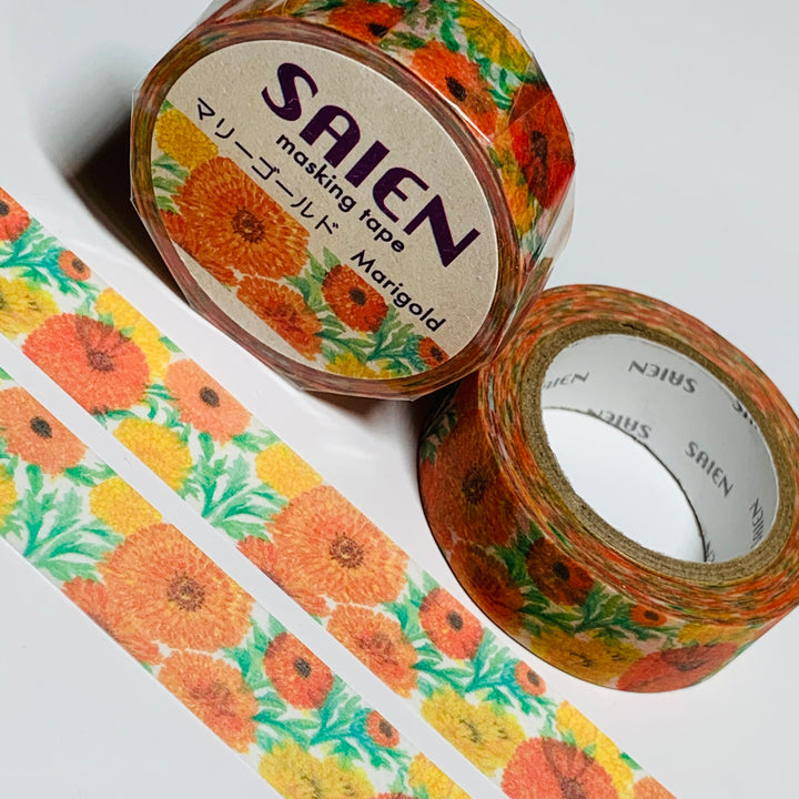 MARIGOLDS In YELLOW & ORANGE FLORAL Saien Masking Washi Tape ~ 1 Roll ~ 15mm x 10m (33 Feet)