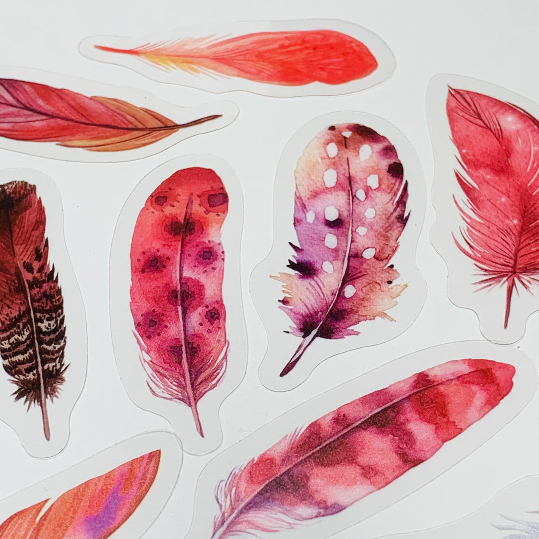 REDDISH ORANGE FEATHER ASSORTMENT Peelable Sticker Ephemera Pack ~ 40 Pieces, Each Sticker 50-60mm