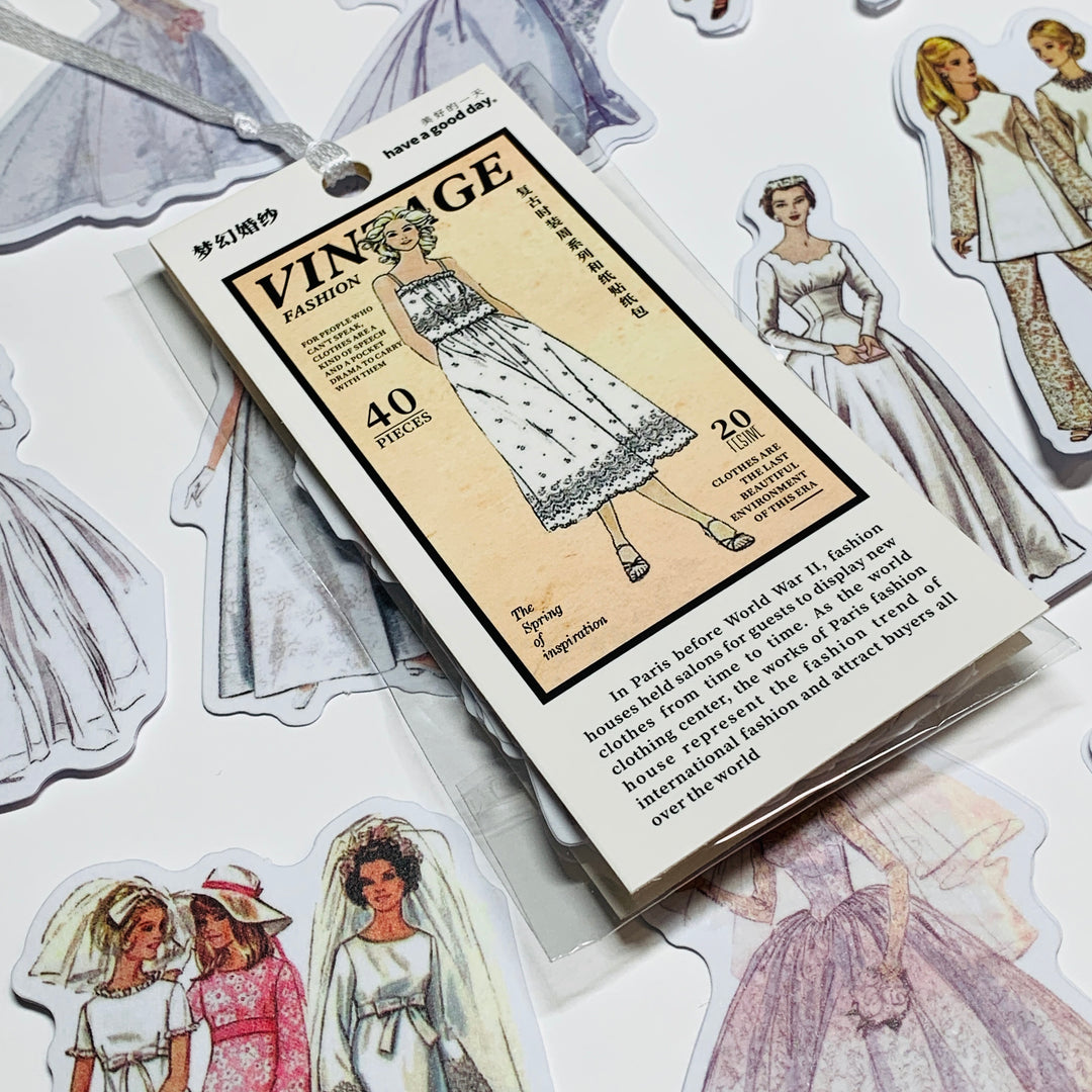 WHITE WEDDING VINTAGE DRESS Girls Peelable Stickers  ~ 40 Pieces ~ Each Sticker is 60mm x 80mm