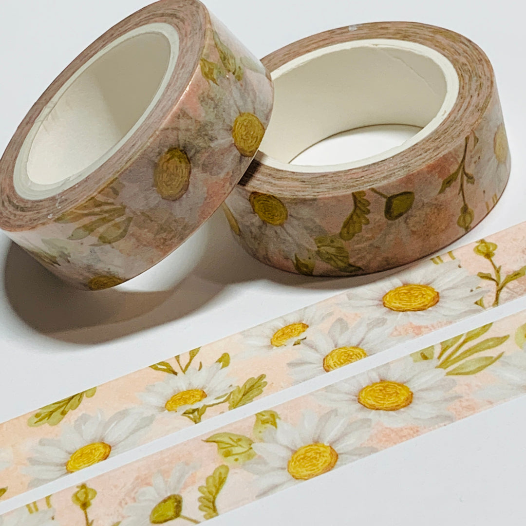 WHITE DAISIES With A BLUSH BACKDROP Washi Tape ~ 1 Roll ~ 15mm x 10m (33 Feet)