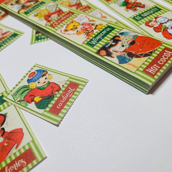 VINTAGE CHRISTMAS GREETINGS Ticket Sticker Sheets ~ 1 Stack ~ 150 Stickers in 30 Designs