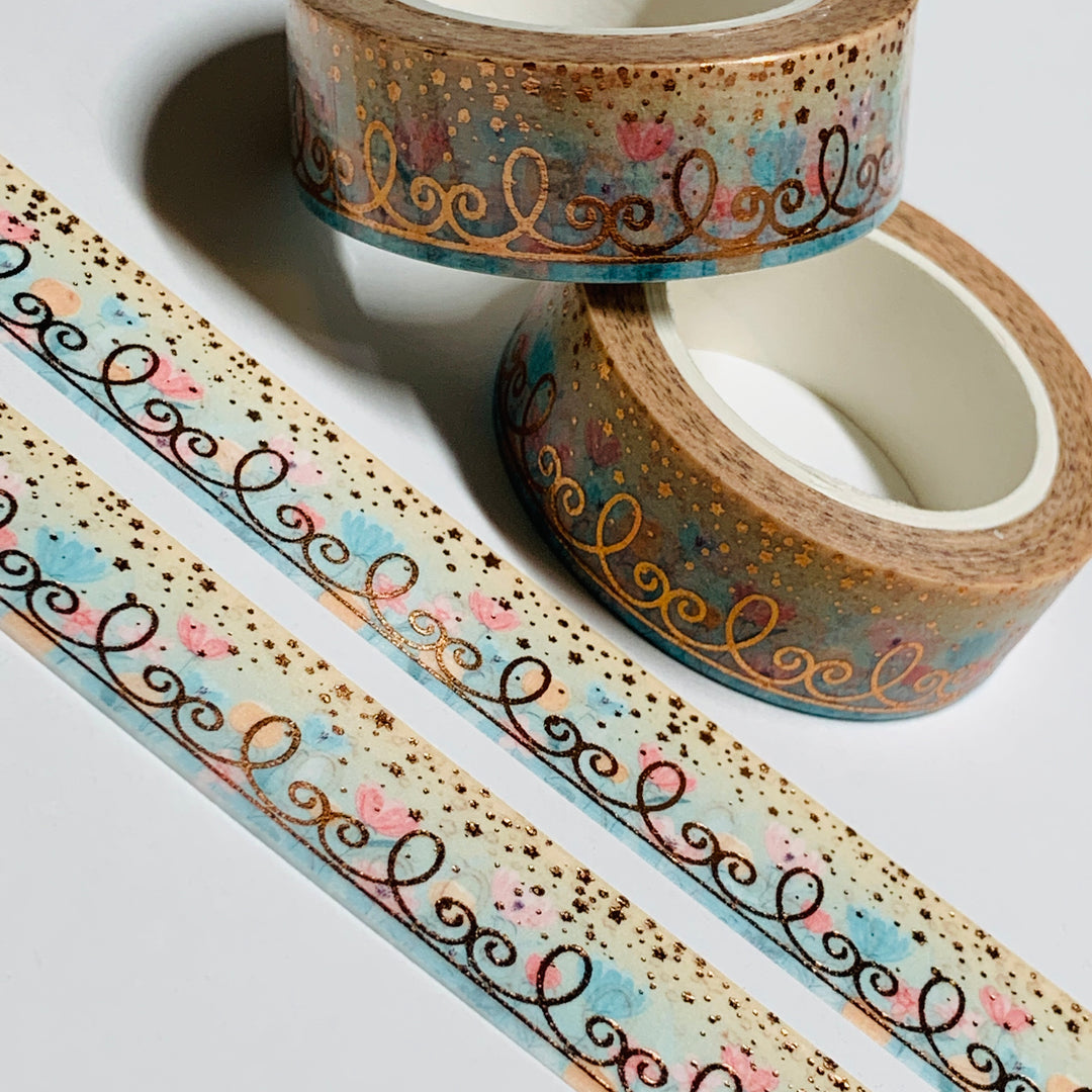 PASTEL TULIPS With ROSE GOLD FILIGREE And RAINING STARS Washi Tape ~ 1 Roll