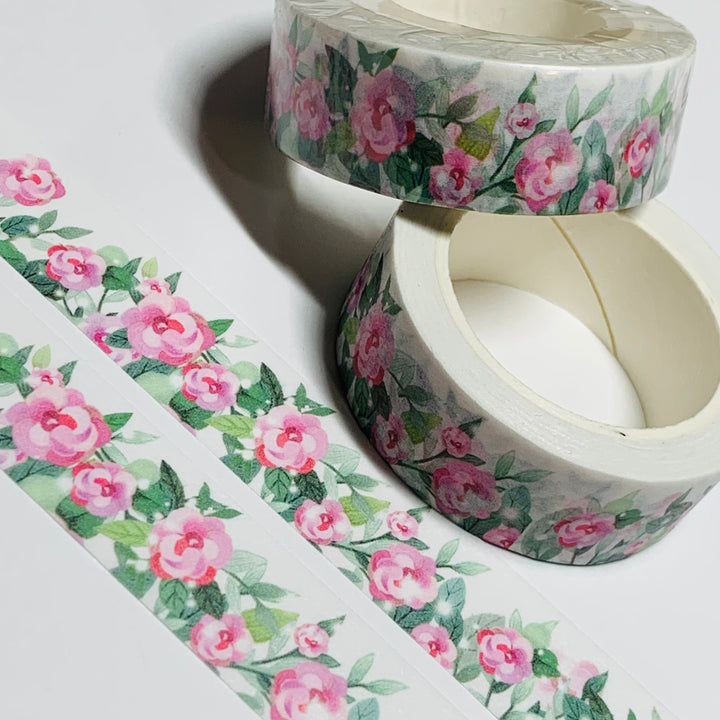 PRETTY PINK CABBAGE ROSE Garden Washi Tape - 1 Roll - 15mm x 10m (33 Feet)