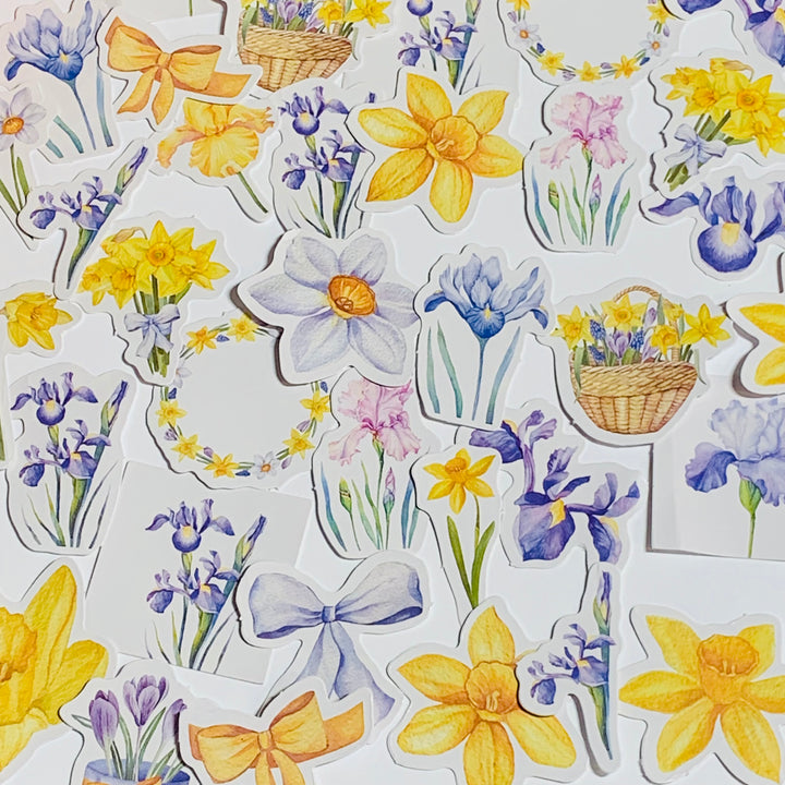 DAFFODILS And IRISES FLORAL Peelable Stickers  ~ 46 Pieces ~ Each Sticker is Approximately 38mm