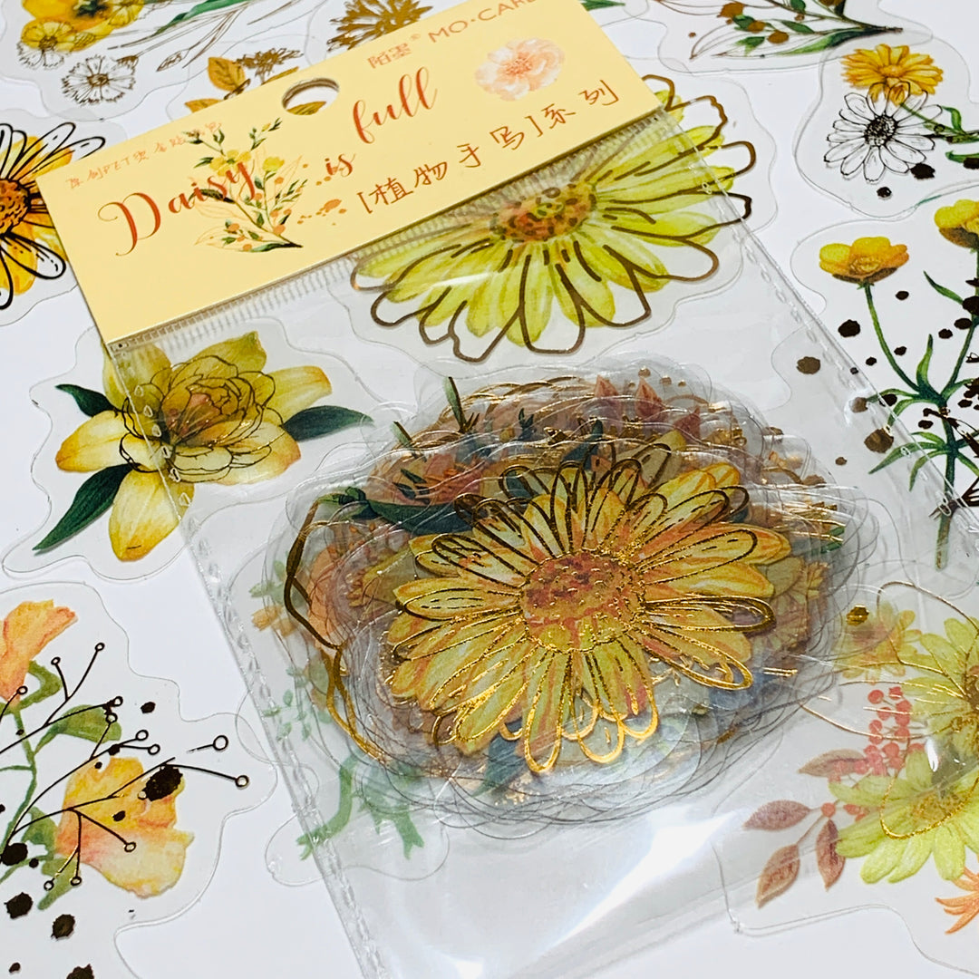 DAISY IS FULL YELLOW FLORAL ASSORTMENT Gold Foil Peelable Sticker Pack ~ 30 Pieces, Each Sticker 51-65mm