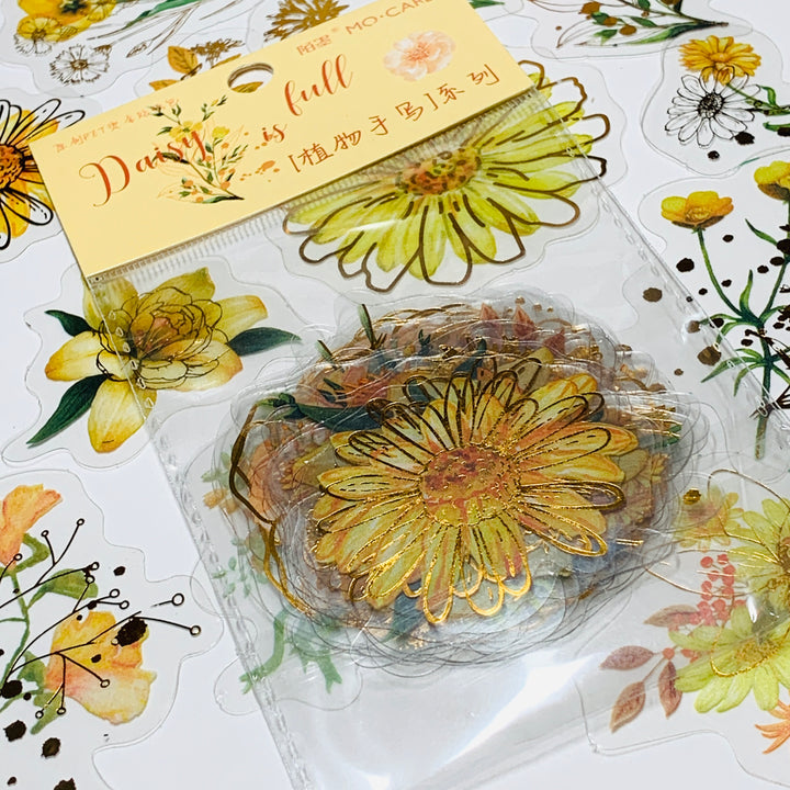 DAISY IS FULL YELLOW FLORAL ASSORTMENT Gold Foil Peelable Sticker Pack ~ 30 Pieces, Each Sticker 51-65mm