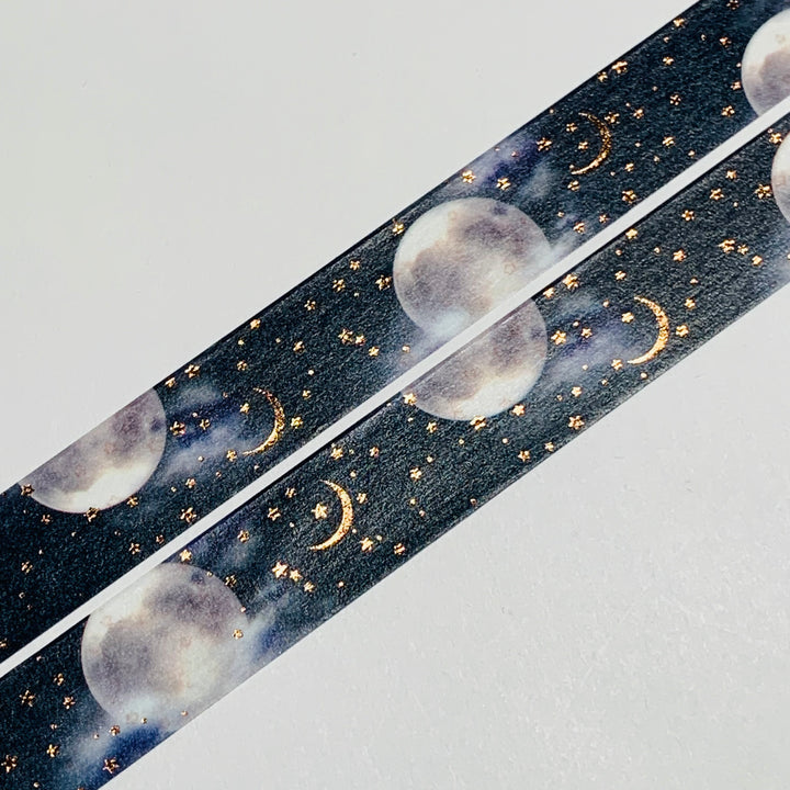 SMOKY FULL MOON With ROSE GOLD Stars & Crescent Washi Tape ~ 1 Roll ~ 15mm x 10m (33 Feet)